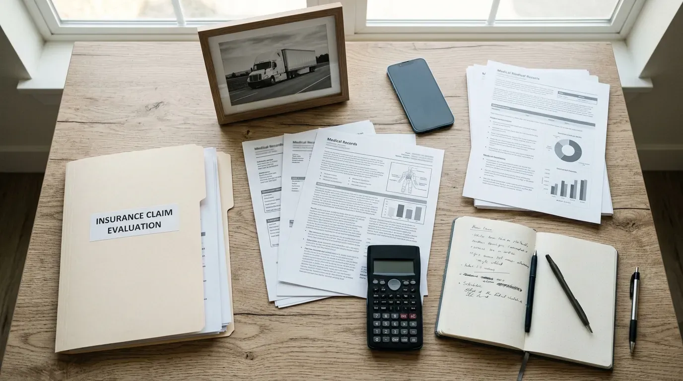Organized claim documents and calculator representing evaluation of a truck accident settlement.